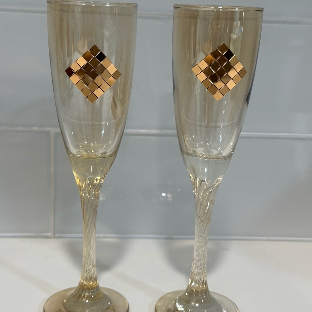 Franco Vetrerie Champagne Flute Glasses Set Of 2 Bronze Tone Embellish crystal - Picture 3 of 8